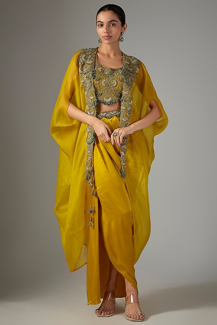 Mustard Organza Threadwork Cape Set by Prisho at Pernia's Pop Up Shop