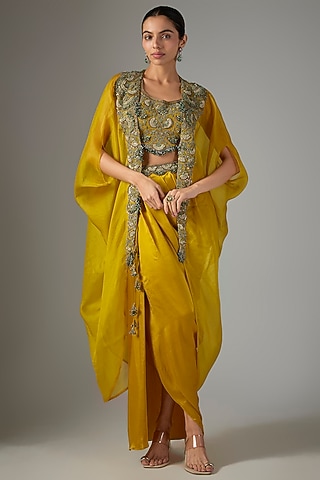 Mustard Organza Threadwork Cape Set by Prisho