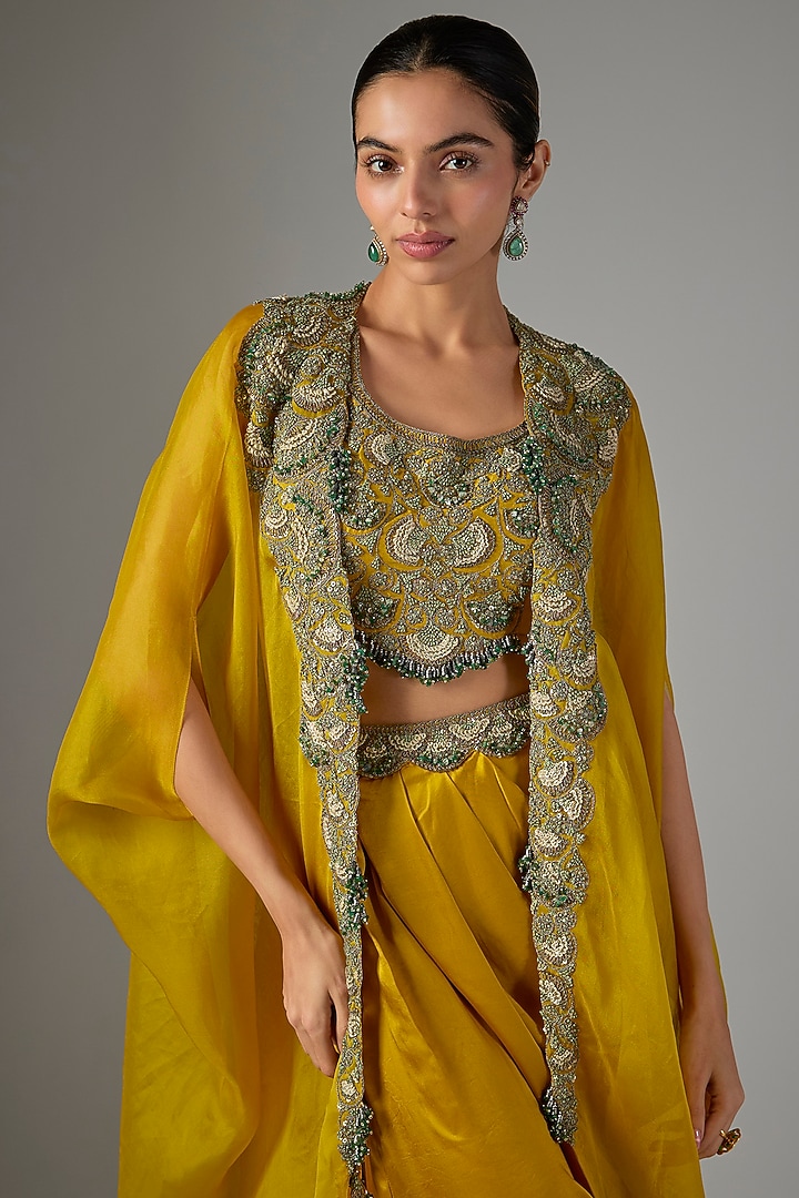 Mustard Organza Threadwork Cape Set by Prisho at Pernia's Pop Up Shop