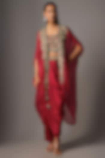 Red Modal Satin Embroidered Cape Set by Prisho at Pernia's Pop Up Shop
