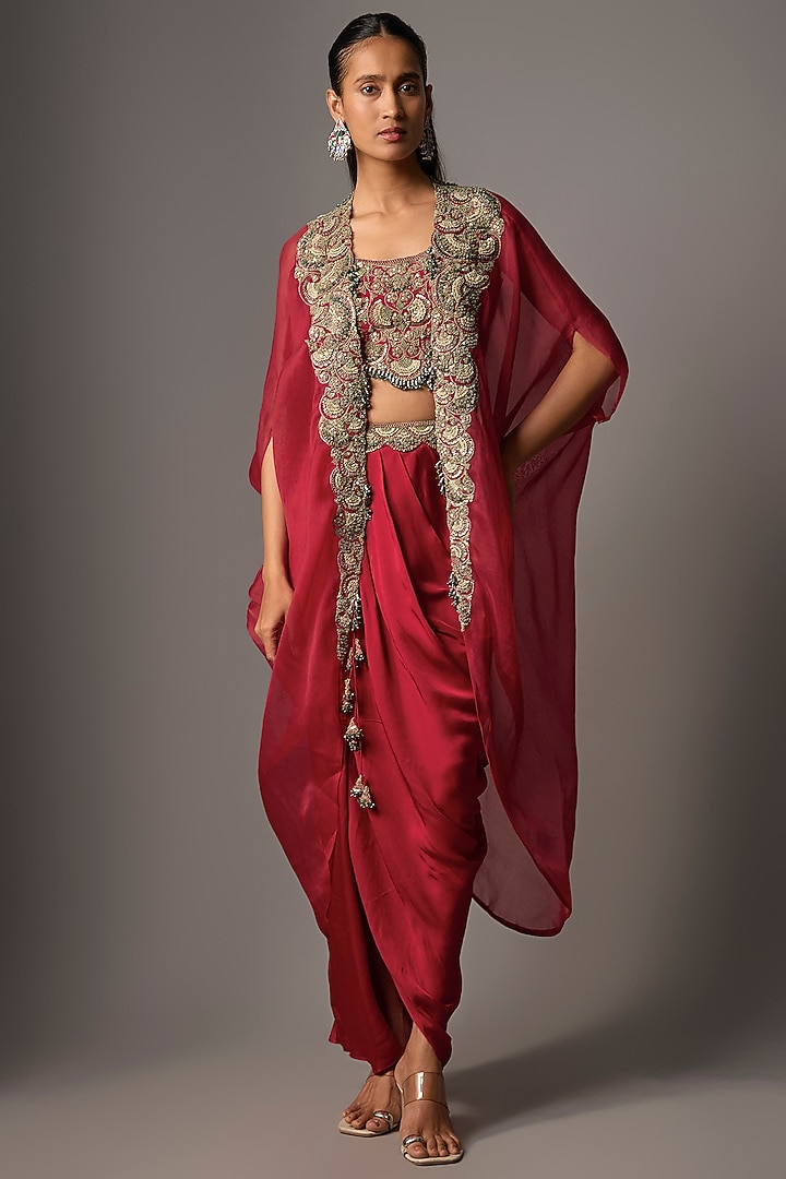 Red Modal Satin Embroidered Cape Set by Prisho at Pernia's Pop Up Shop