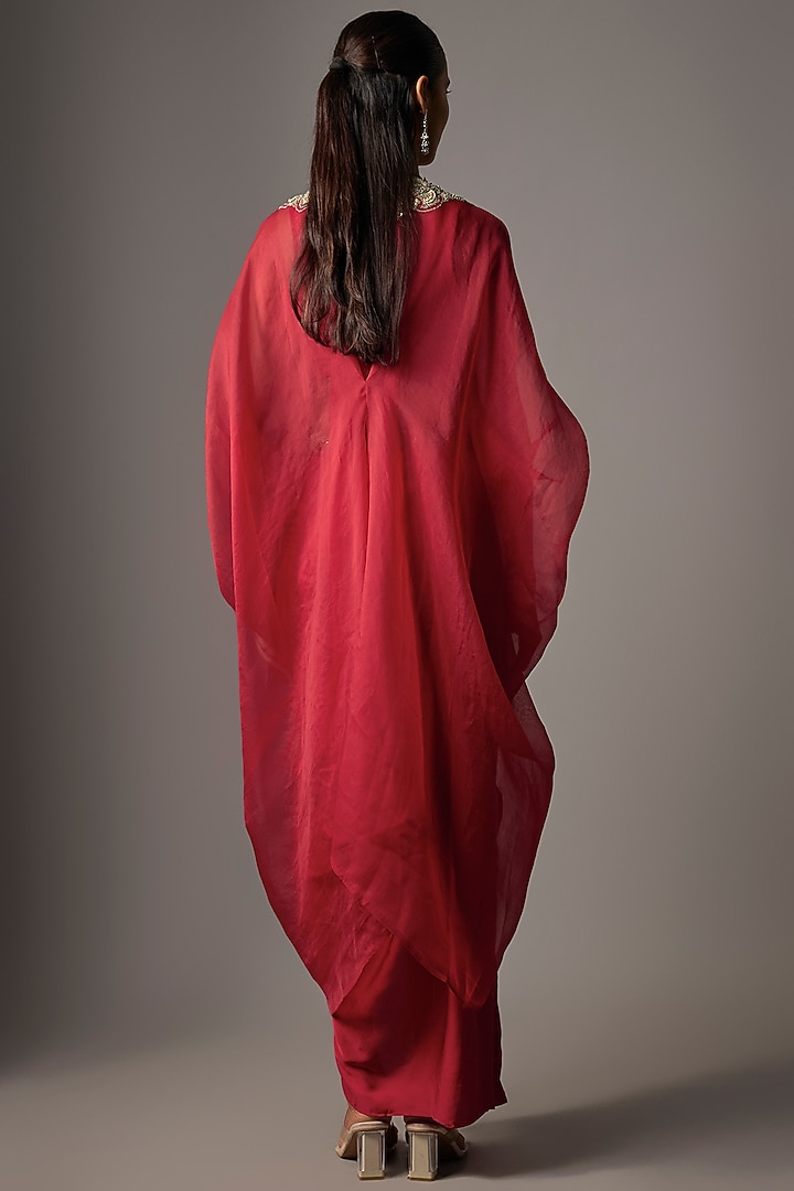 Red Modal Satin Embroidered Cape Set by Prisho at Pernia's Pop Up Shop