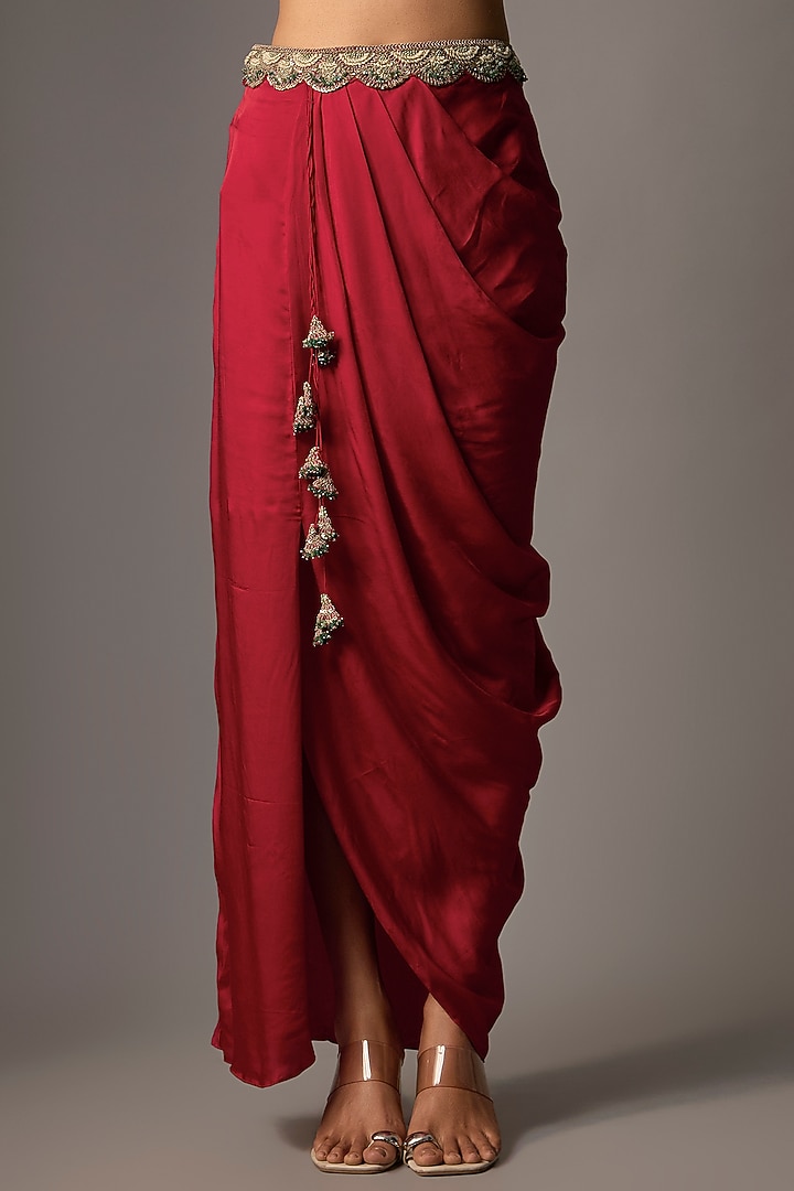 Red Modal Satin Embroidered Cape Set by Prisho at Pernia's Pop Up Shop