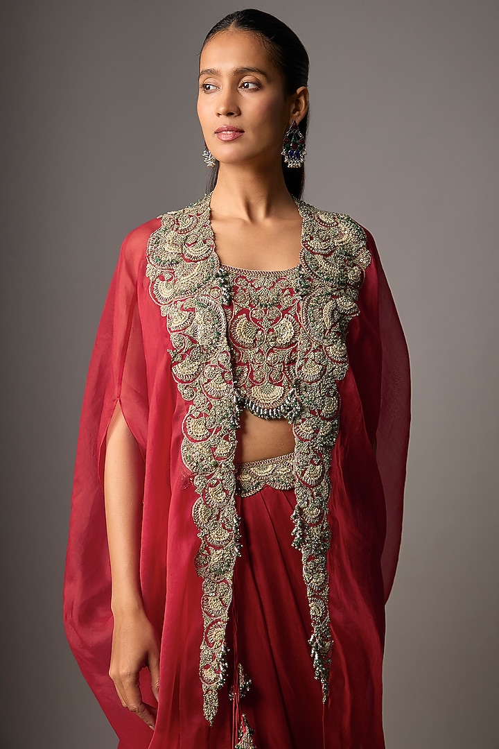 Red Modal Satin Embroidered Cape Set by Prisho at Pernia's Pop Up Shop
