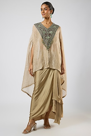 Champagne Modal Satin Skirt Set by Prisho