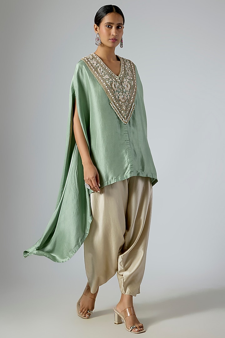 Aqua Silk Moti Embroidered Kaftan Set by Prisho at Pernia's Pop Up Shop