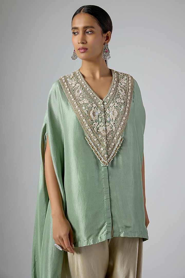 Aqua Silk Moti Embroidered Kaftan Set by Prisho at Pernia's Pop Up Shop