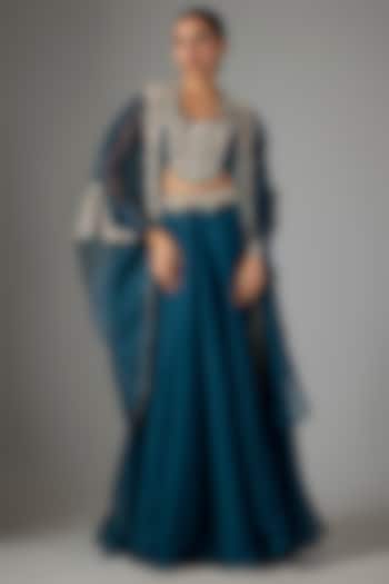 Blue Organza Resham Work Cape Set by Prisho at Pernia's Pop Up Shop
