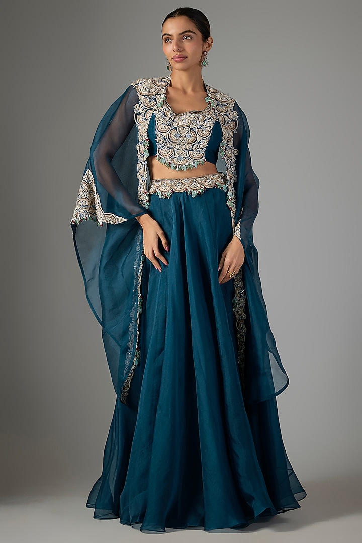 Blue Organza Resham Work Cape Set by Prisho at Pernia's Pop Up Shop