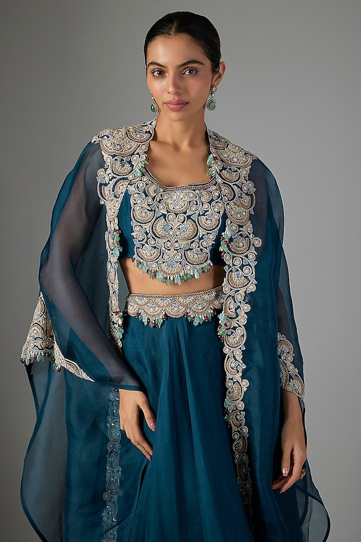 Blue Organza Resham Work Cape Set by Prisho at Pernia's Pop Up Shop