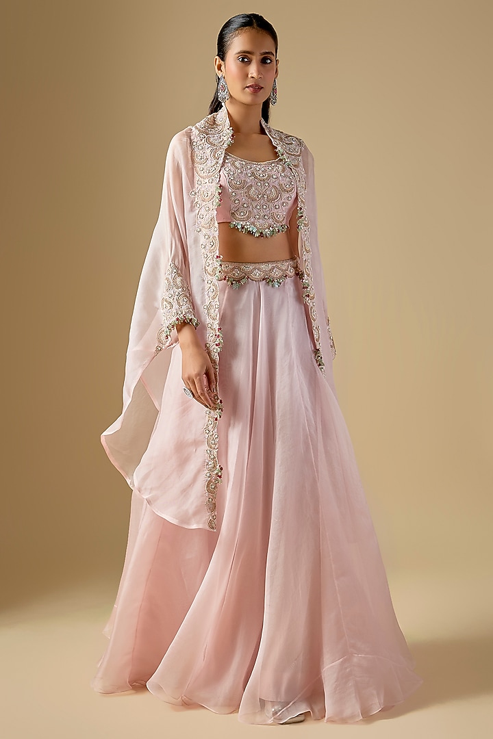 Flamingo Pink Organza Resham Work Cape Set by Prisho at Pernia's Pop Up Shop