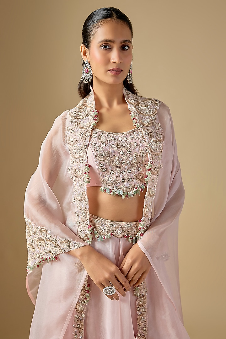 Flamingo Pink Organza Resham Work Cape Set by Prisho at Pernia's Pop Up Shop