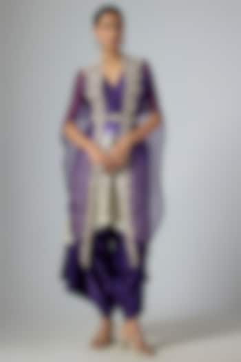 Dark Purple Organza Thread Embroidered Cape Set by Prisho at Pernia's Pop Up Shop