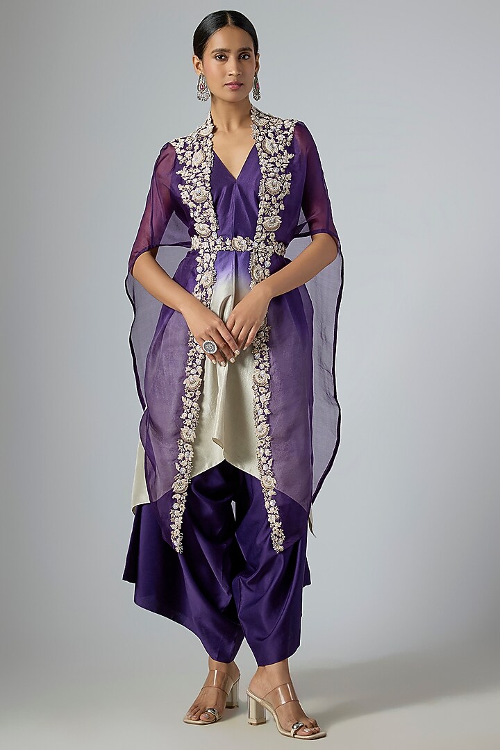 Dark Purple Organza Thread Embroidered Cape Set by Prisho at Pernia's Pop Up Shop