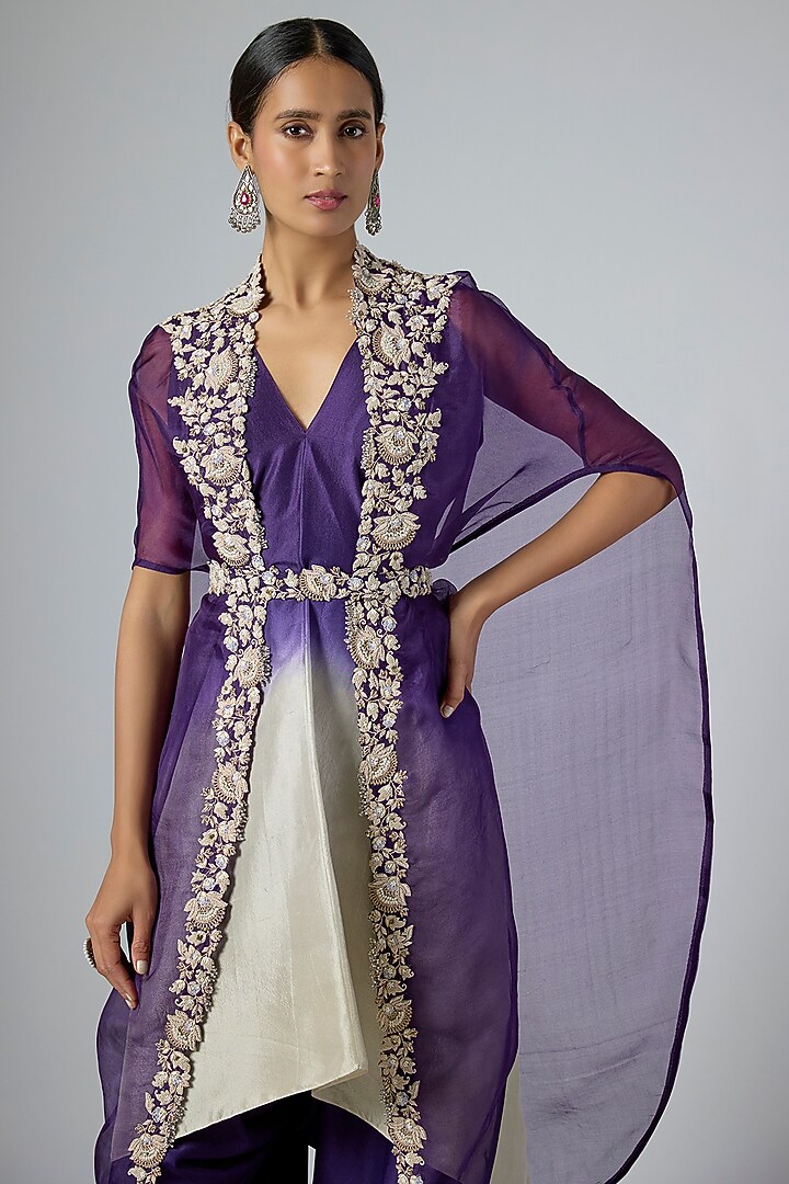 Dark Purple Organza Thread Embroidered Cape Set by Prisho at Pernia's Pop Up Shop