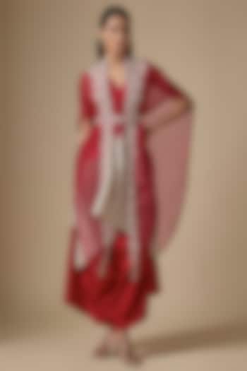 Fuchsia Pink Organza Dori Work Cape Set by Prisho at Pernia's Pop Up Shop