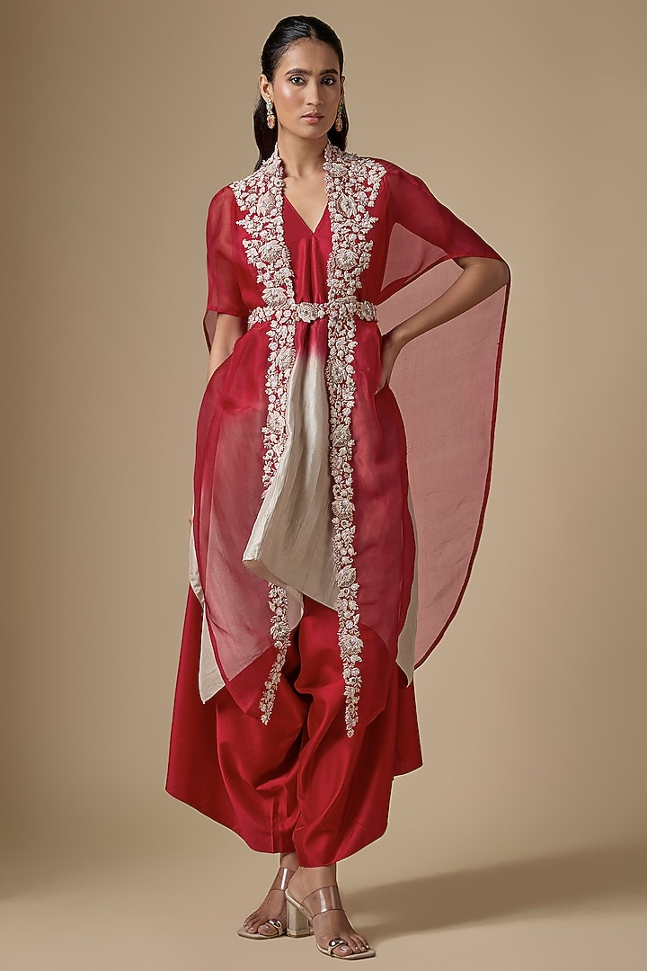 Fuchsia Pink Organza Dori Work Cape Set by Prisho at Pernia's Pop Up Shop