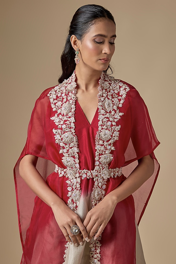 Red Organza Dori Work Cape Set by Prisho at Pernia's Pop Up Shop