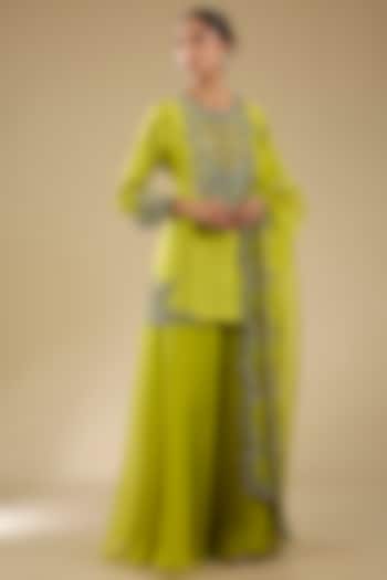 Lime Green Silk Thread Work Wedding Sharara Set by Prisho at Pernia's Pop Up Shop
