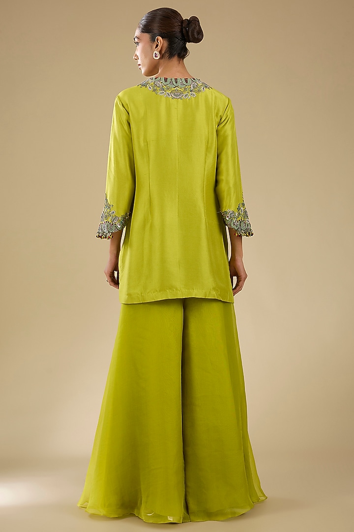 Lime Green Silk Thread Work Wedding Sharara Set by Prisho at Pernia's Pop Up Shop