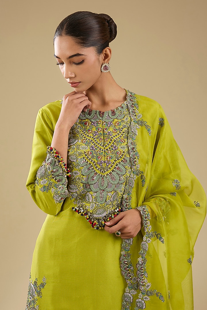 Lime Green Silk Thread Work Wedding Sharara Set by Prisho at Pernia's Pop Up Shop