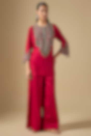 Cherry Red Silk Thread Work Kurta Set by Prisho at Pernia's Pop Up Shop