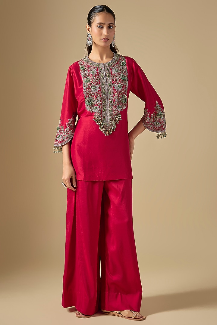 Cherry Red Silk Thread Work Kurta Set by Prisho at Pernia's Pop Up Shop