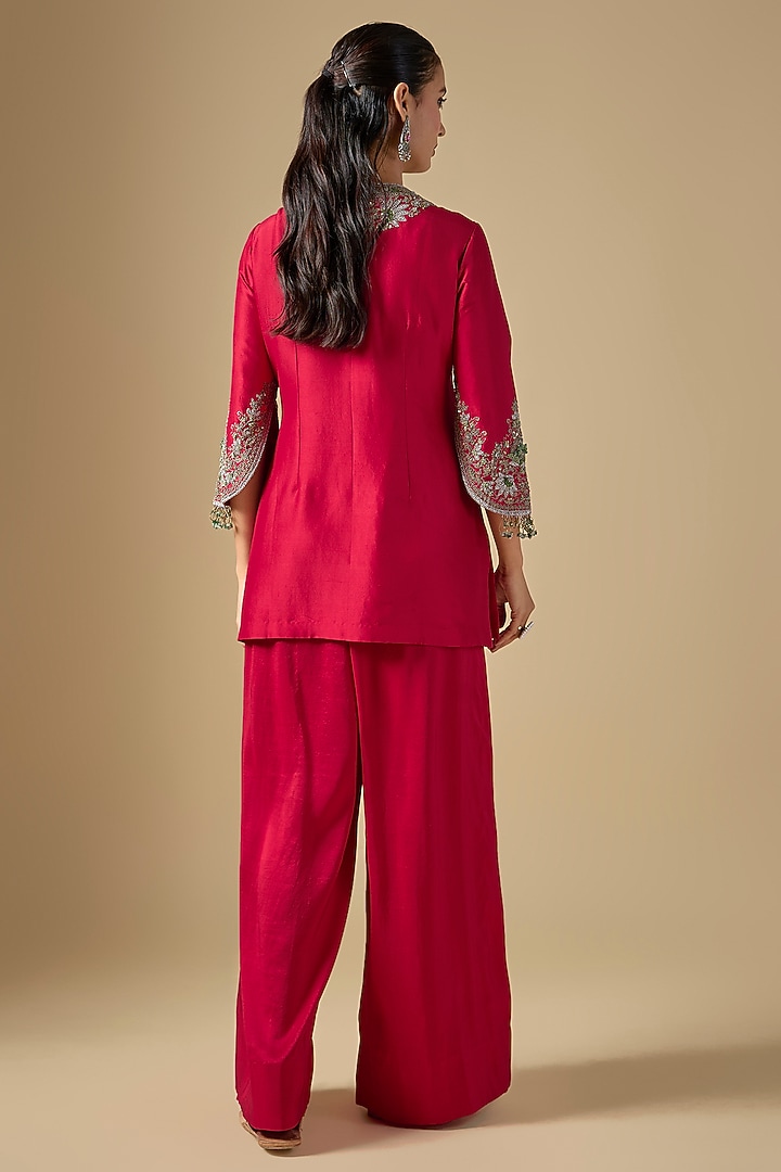 Cherry Red Silk Thread Work Kurta Set by Prisho at Pernia's Pop Up Shop