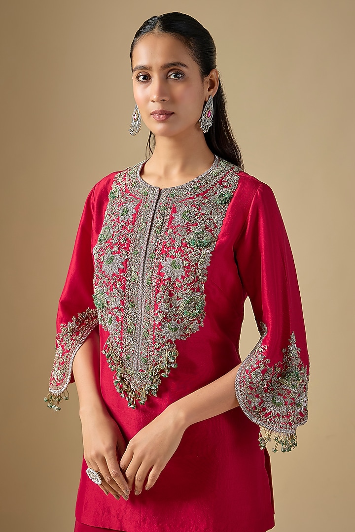 Cherry Red Silk Thread Work Kurta Set by Prisho at Pernia's Pop Up Shop