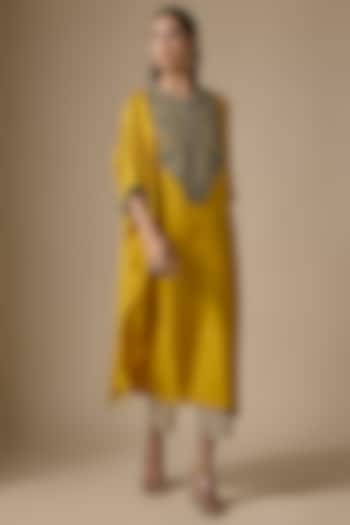 Mustard Silk Thread Work Kaftan Set by Prisho at Pernia's Pop Up Shop