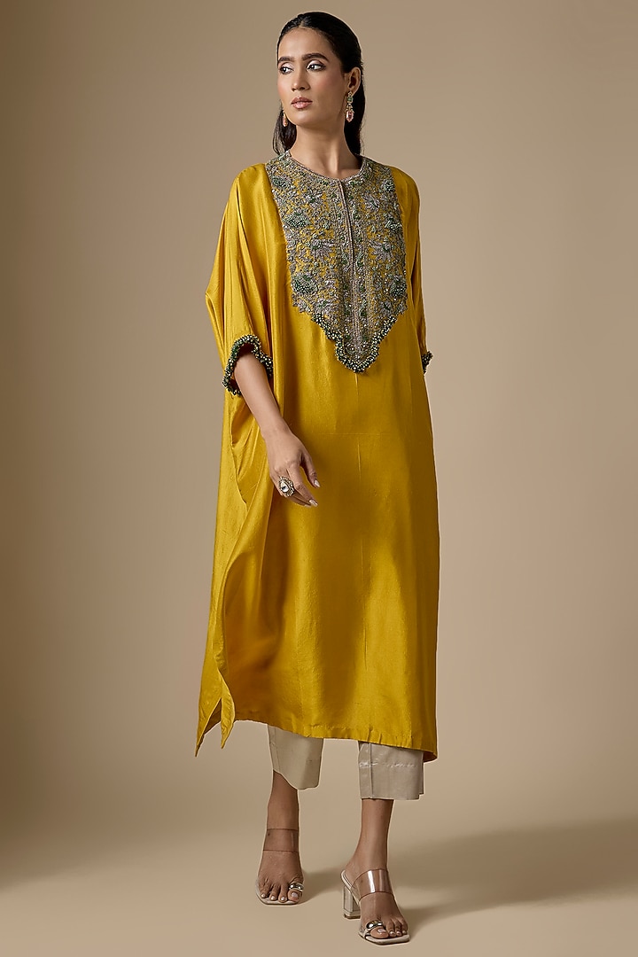 Mustard Silk Thread Work Kaftan Set by Prisho at Pernia's Pop Up Shop