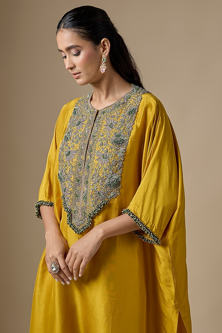 Mustard Silk Thread Work Kaftan Set by Prisho at Pernia's Pop Up Shop