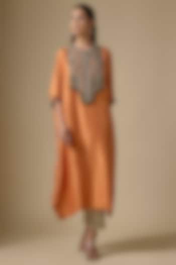 Rust Silk Thread Work Kaftan Set by Prisho at Pernia's Pop Up Shop