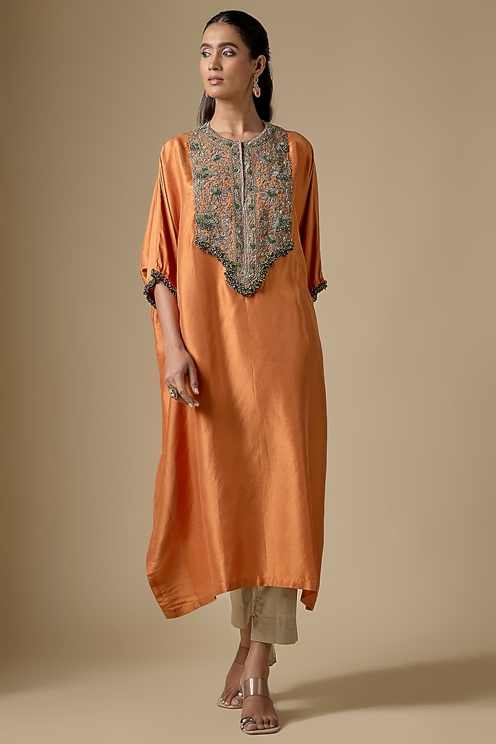 Rust Silk Thread Work Kaftan Set by Prisho at Pernia's Pop Up Shop
