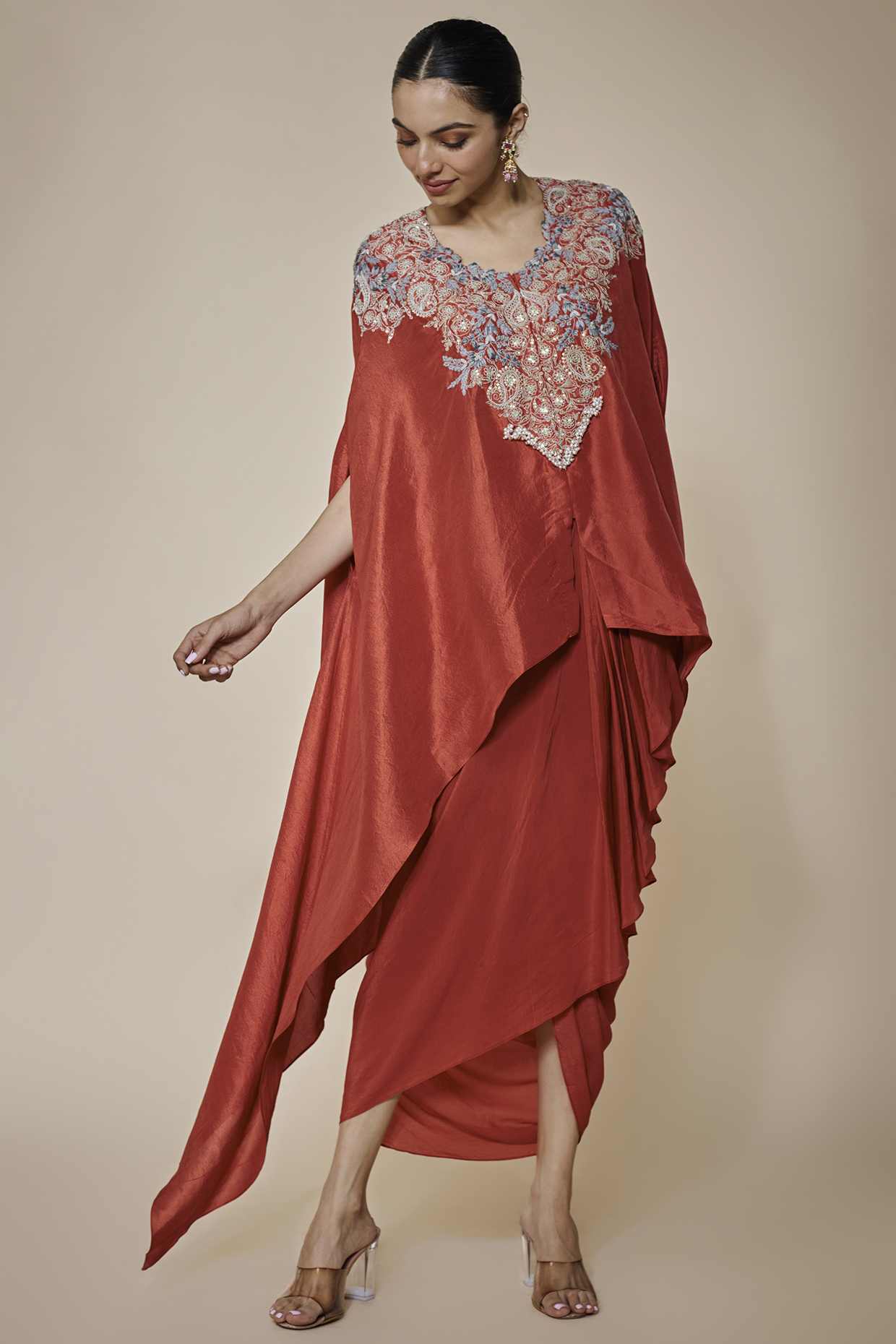 Red Silk Resham Embroidered Kaftan Set by Prisho at Pernia's Pop Up Shop
