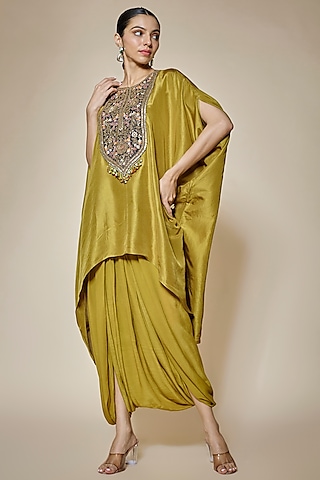 Olive Green Crepe Dhoti Set by Prisho