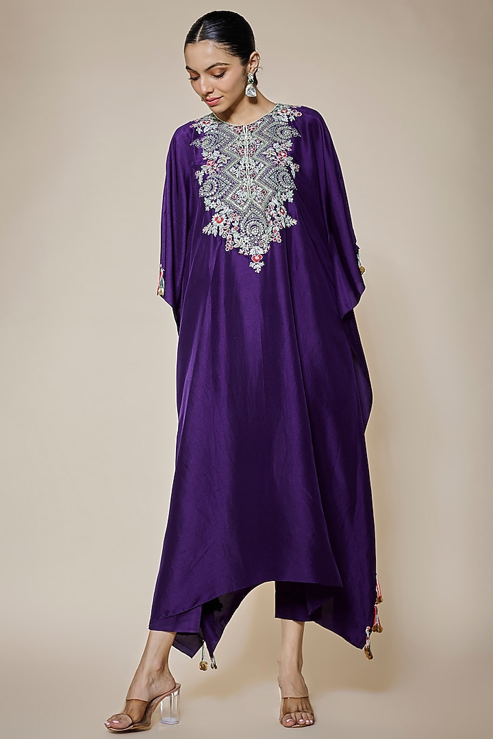 Purple Silk Dori Embroidered Kaftan Set by Prisho