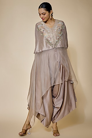 Grey Silk & Organza Dori Embroidered Kaftan Set by Prisho