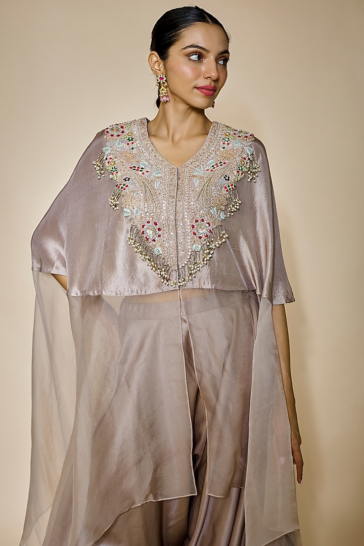 Grey Silk & Organza Dori Embroidered Kaftan Set by Prisho at Pernia's Pop Up Shop