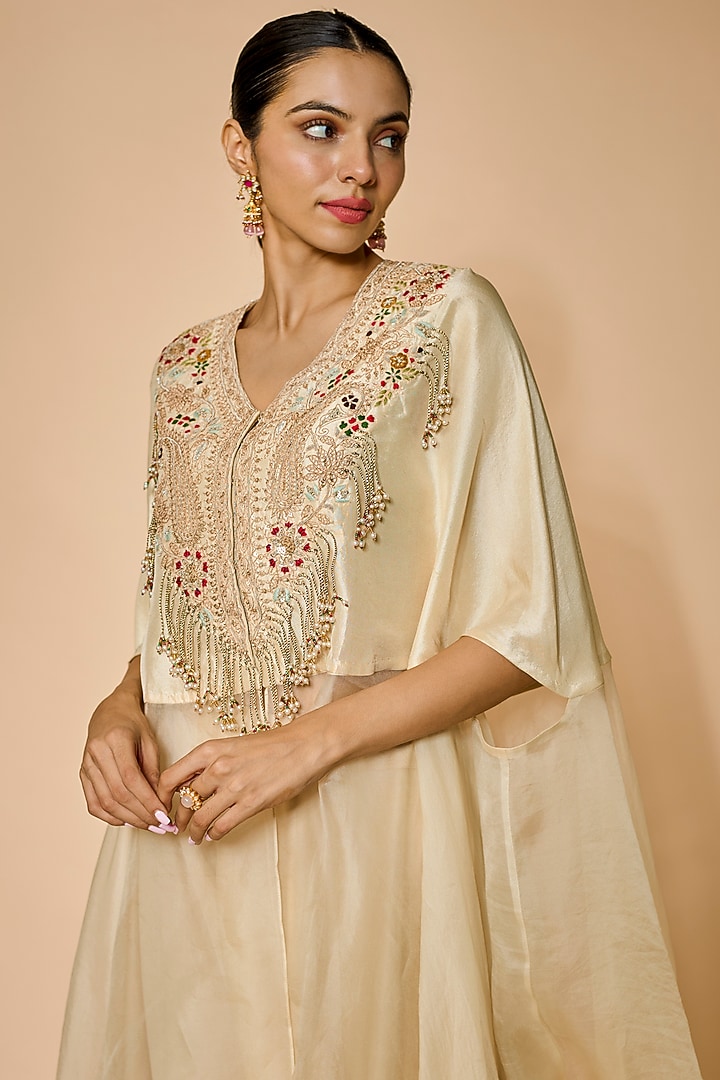 Ivory Silk & Organza Dori Embroidered Kaftan Set by Prisho at Pernia's Pop Up Shop
