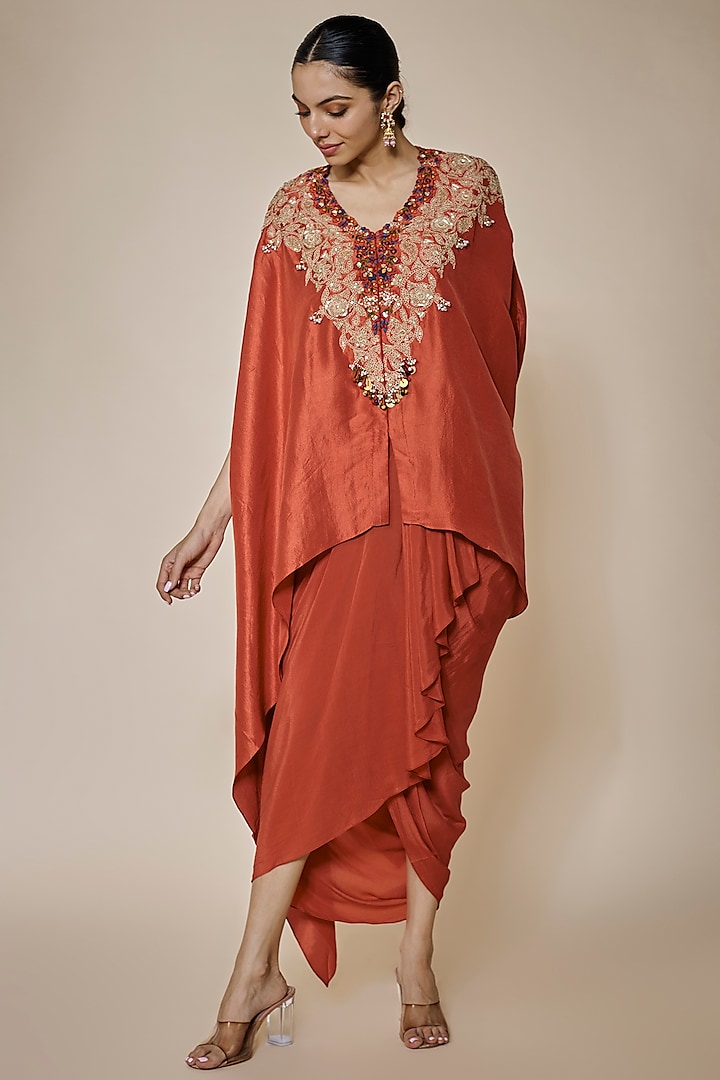 Red Silk Resham Embroidered Kaftan Set by Prisho
