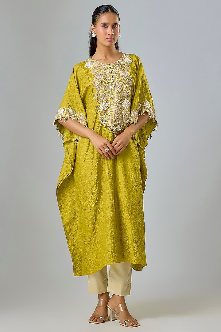 Lime Green Silk Dori Embroidered Kaftan Set by Prisho at Pernia's Pop Up Shop