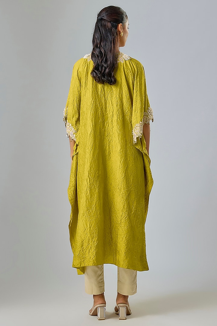 Lime Green Silk Dori Embroidered Kaftan Set by Prisho at Pernia's Pop Up Shop
