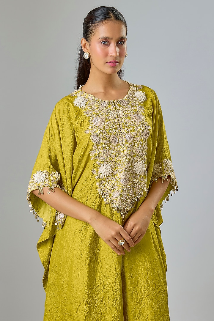 Lime Green Silk Dori Embroidered Kaftan Set by Prisho at Pernia's Pop Up Shop