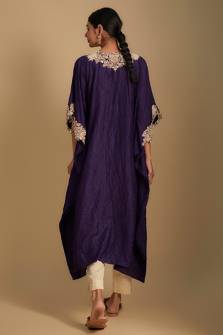 Dark Purple Silk Resham Work Kaftan Set by Prisho at Pernia's Pop Up Shop