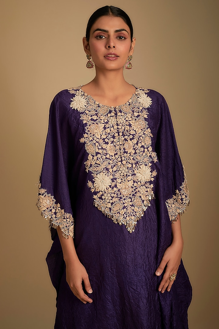 Dark Purple Silk Resham Work Kaftan Set by Prisho at Pernia's Pop Up Shop