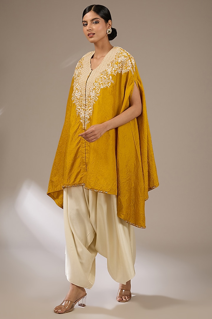 Mustard Silk Resham Embroidered Kaftan Set by Prisho at Pernia's Pop Up Shop