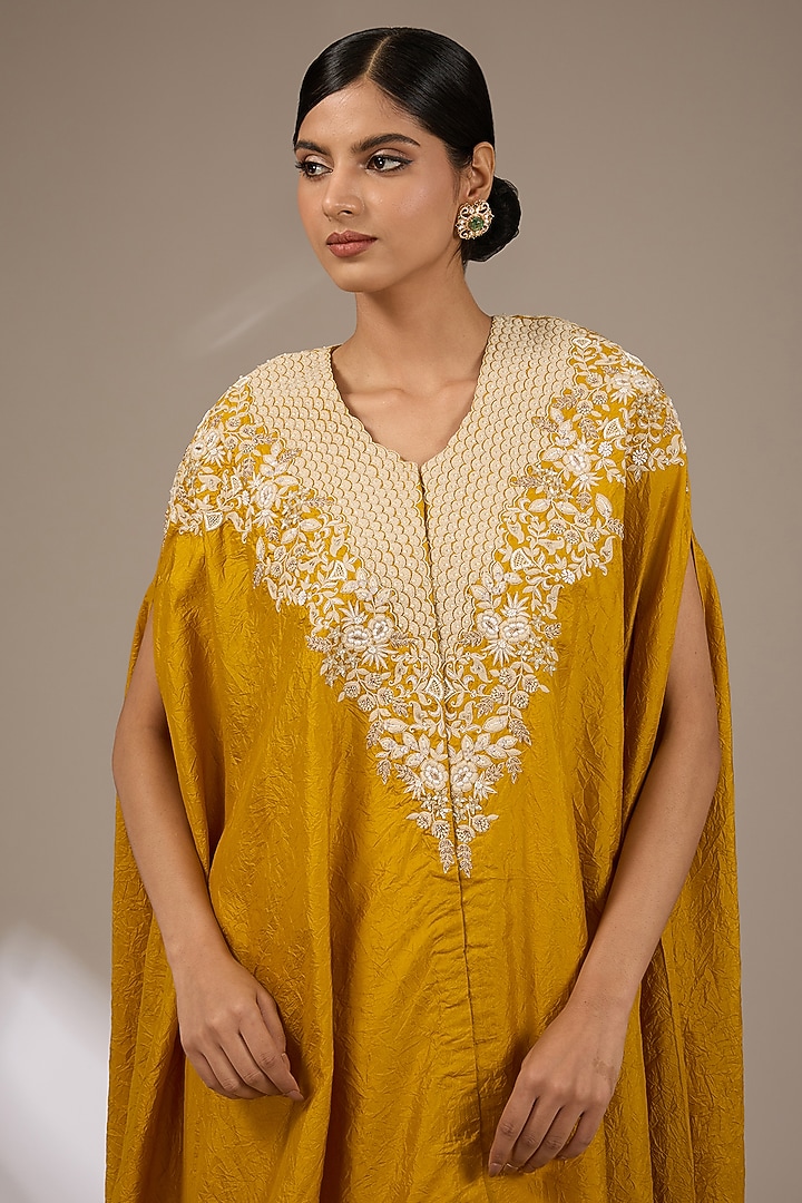 Mustard Silk Resham Embroidered Kaftan Set by Prisho at Pernia's Pop Up Shop