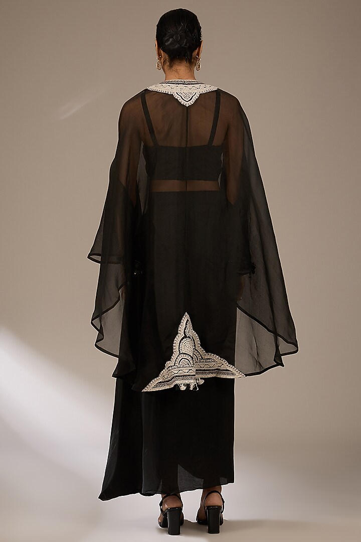 Black Organza Resham Work Umbrella Kaftan Set by Prisho at Pernia's Pop Up Shop