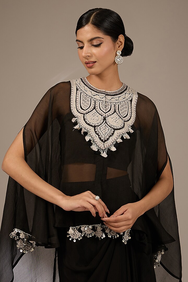 Black Organza Resham Work Umbrella Kaftan Set by Prisho at Pernia's Pop Up Shop